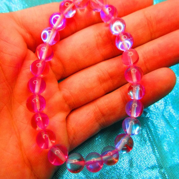 Pink Aura 8mm Round 7" Glass Stretchy Bracelet - Picture 1 of 3